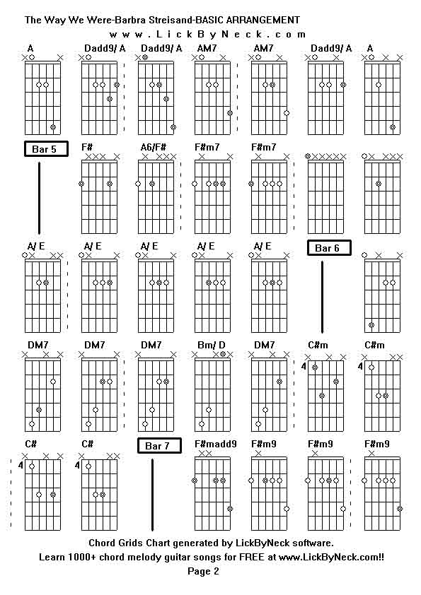 Chord Grids Chart of chord melody fingerstyle guitar song-The Way We Were-Barbra Streisand-BASIC ARRANGEMENT,generated by LickByNeck software.